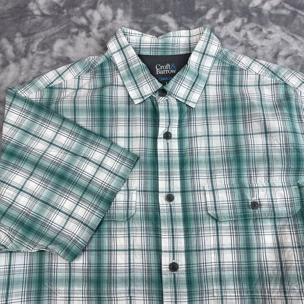 Croft & Borrow Quick Dry Men's Green Plaid Vented Button Up Shirt Size Large